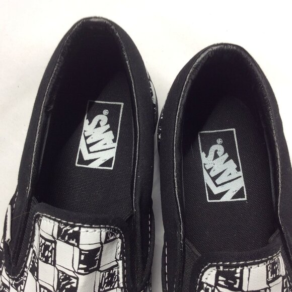 Vans Skate Shoes Men 7.5 Women 9 Black White Canvas Doodle Checkerboard Slip On - Picture 5 of 9